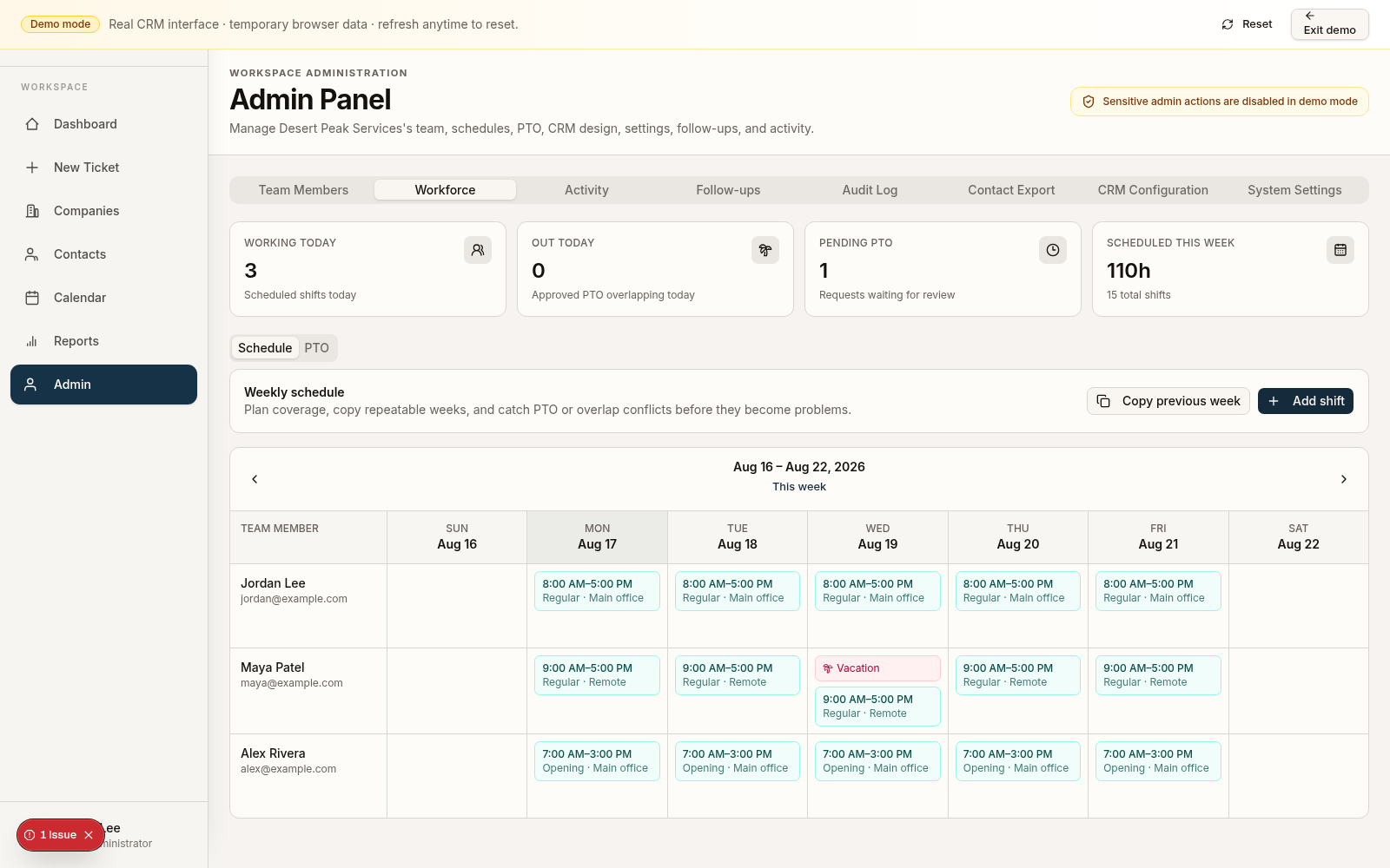 Admin panel showing a weekly team schedule with shifts and an approved vacation day