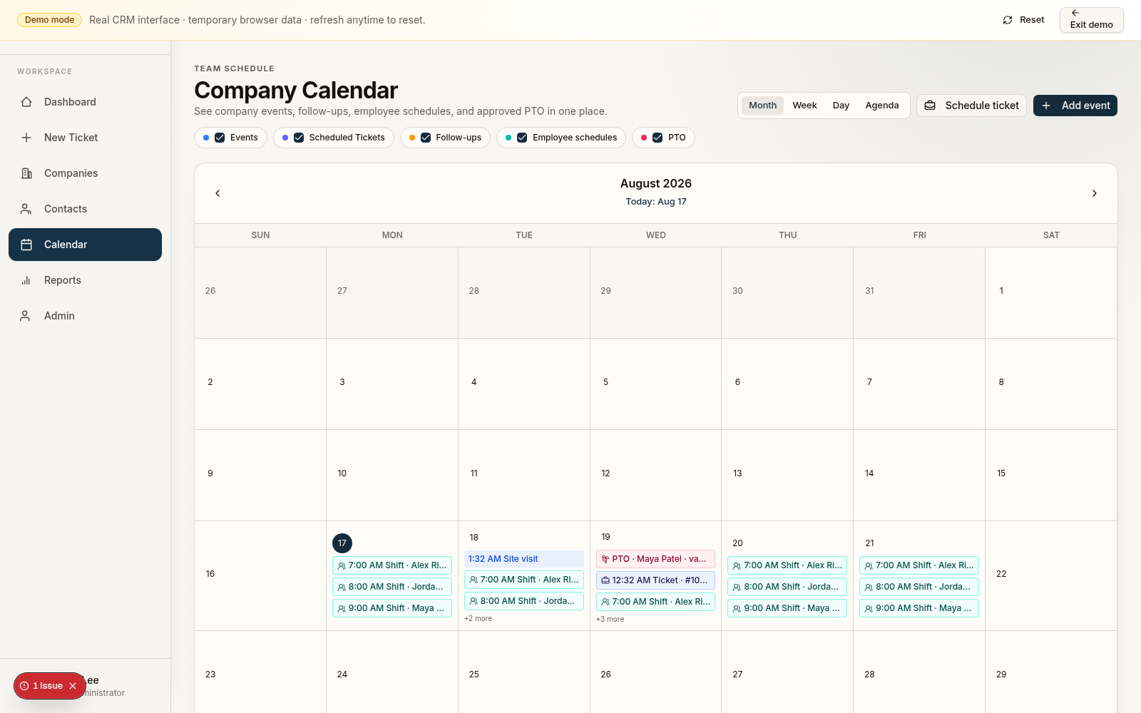 Company calendar showing scheduled tickets, employee shifts, and PTO for the week